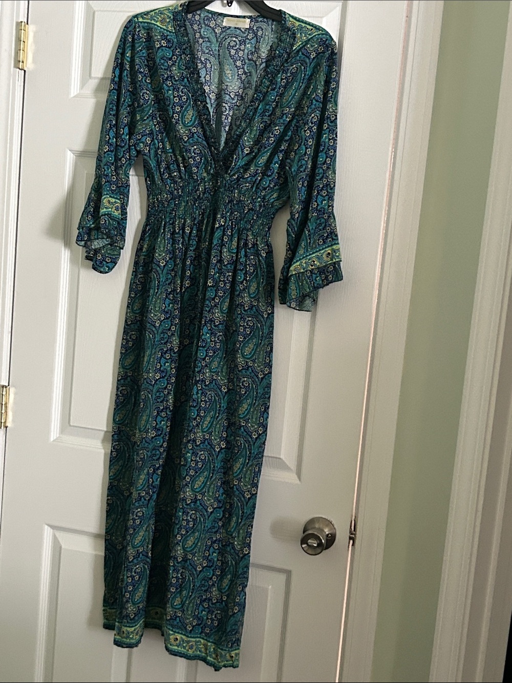 Green Paisley Maxi Dress with Smocked Waist